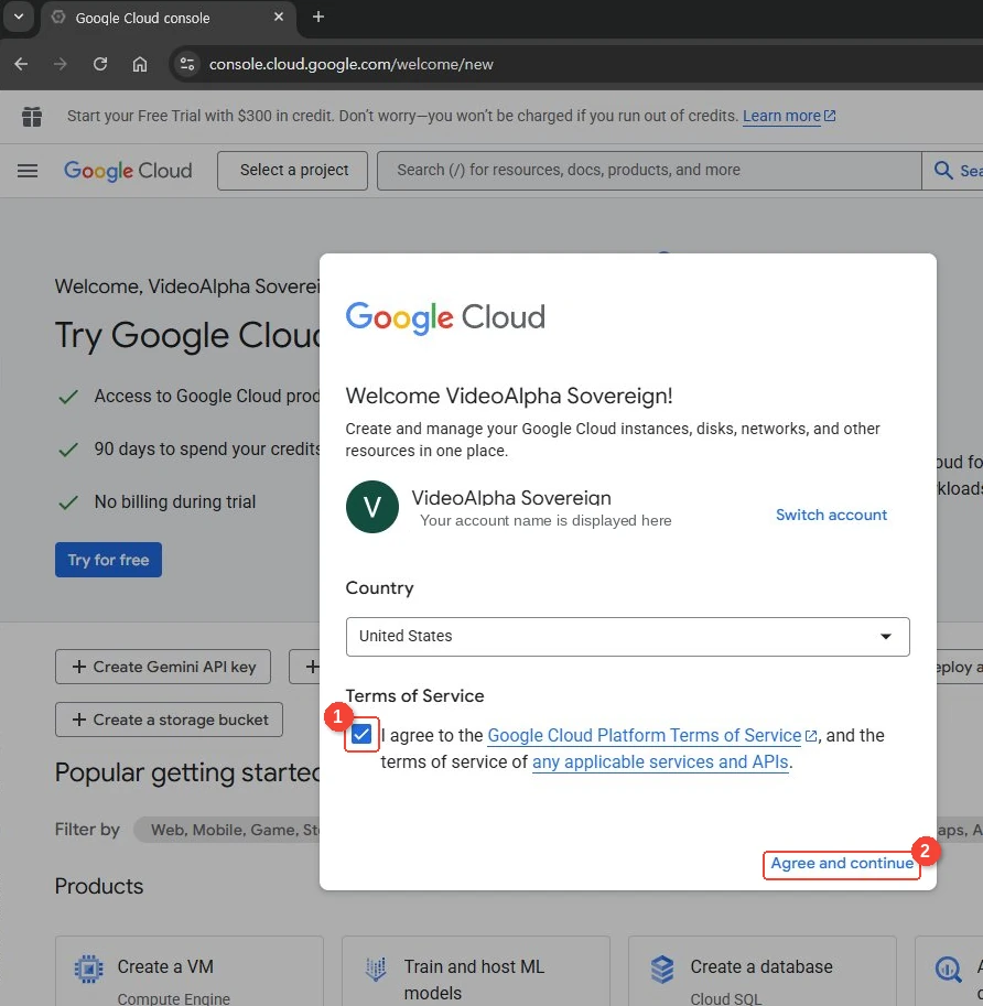 Aceptación de términos en Google Cloud Console