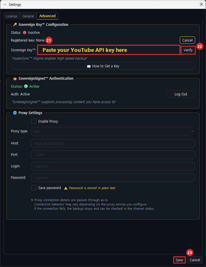 Introduzir a chave de API → Verificar → Guardar