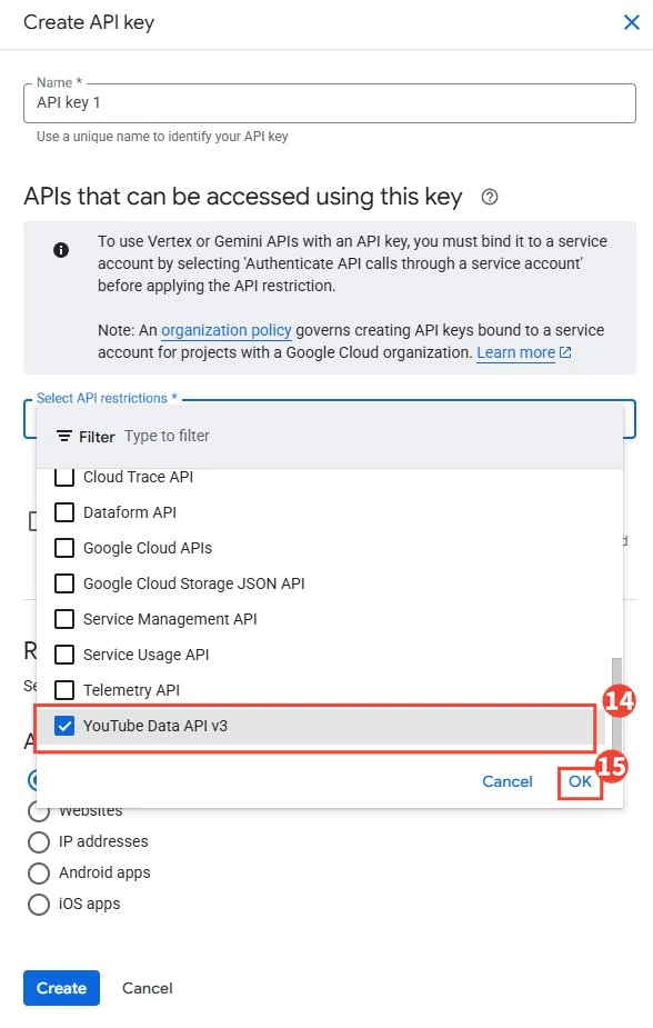 選擇 YouTube Data API v3